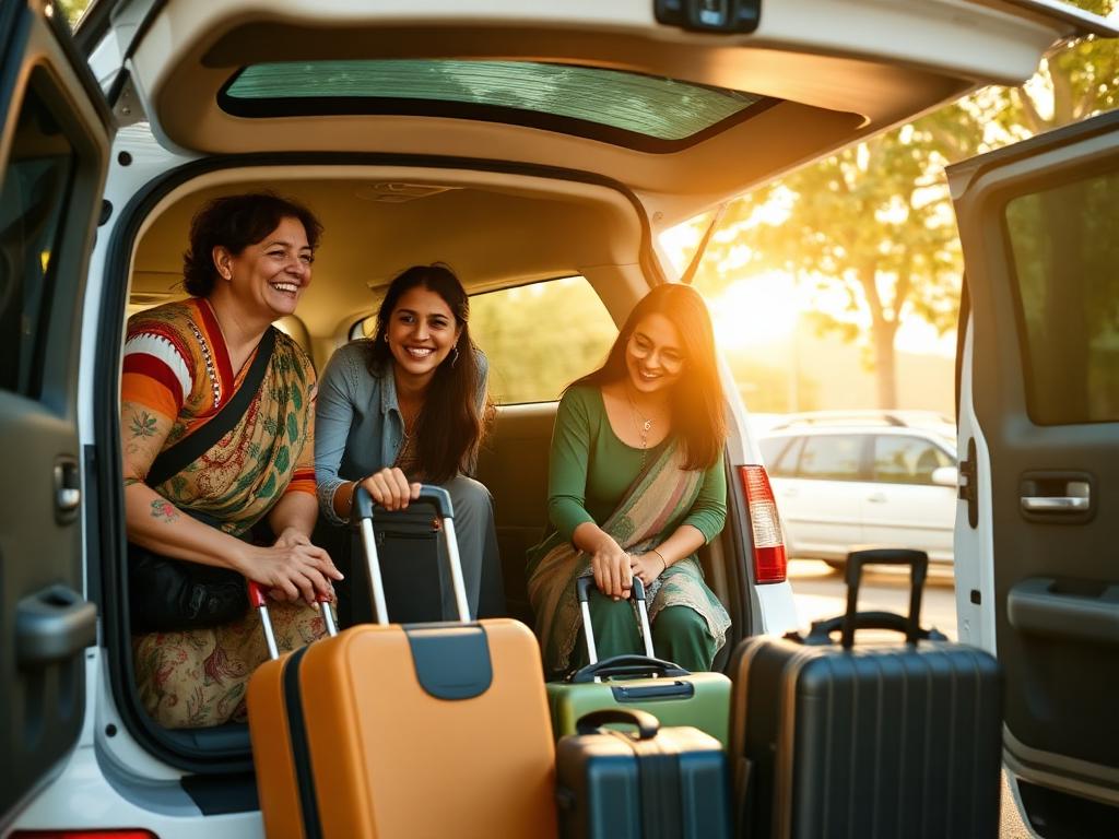 Indian family loading luggage into SUV for vacation