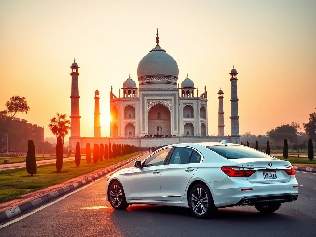 Premium sedan parked near Taj Mahal at sunrise